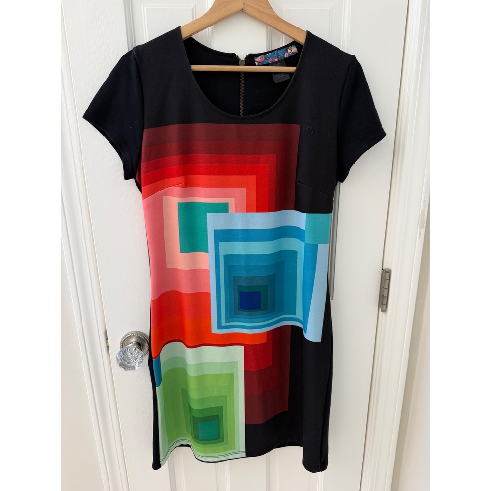 Desigual Geometric Print Shift Dress Black XL Artistic Colorful